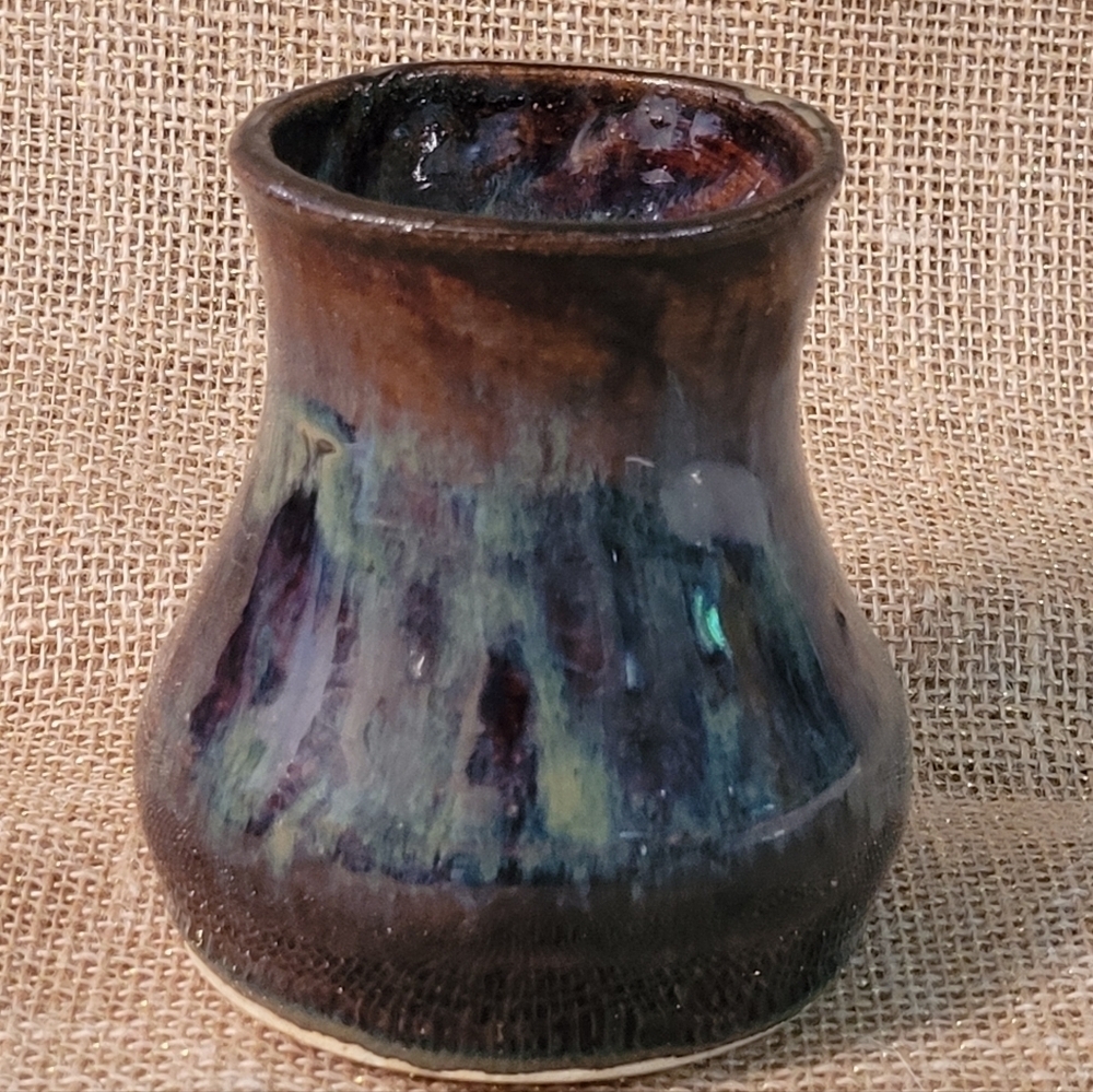 Handmade Pottery Vase Brown W/ Multicolor Green & Tan Accents~ Artist Signed EUC
